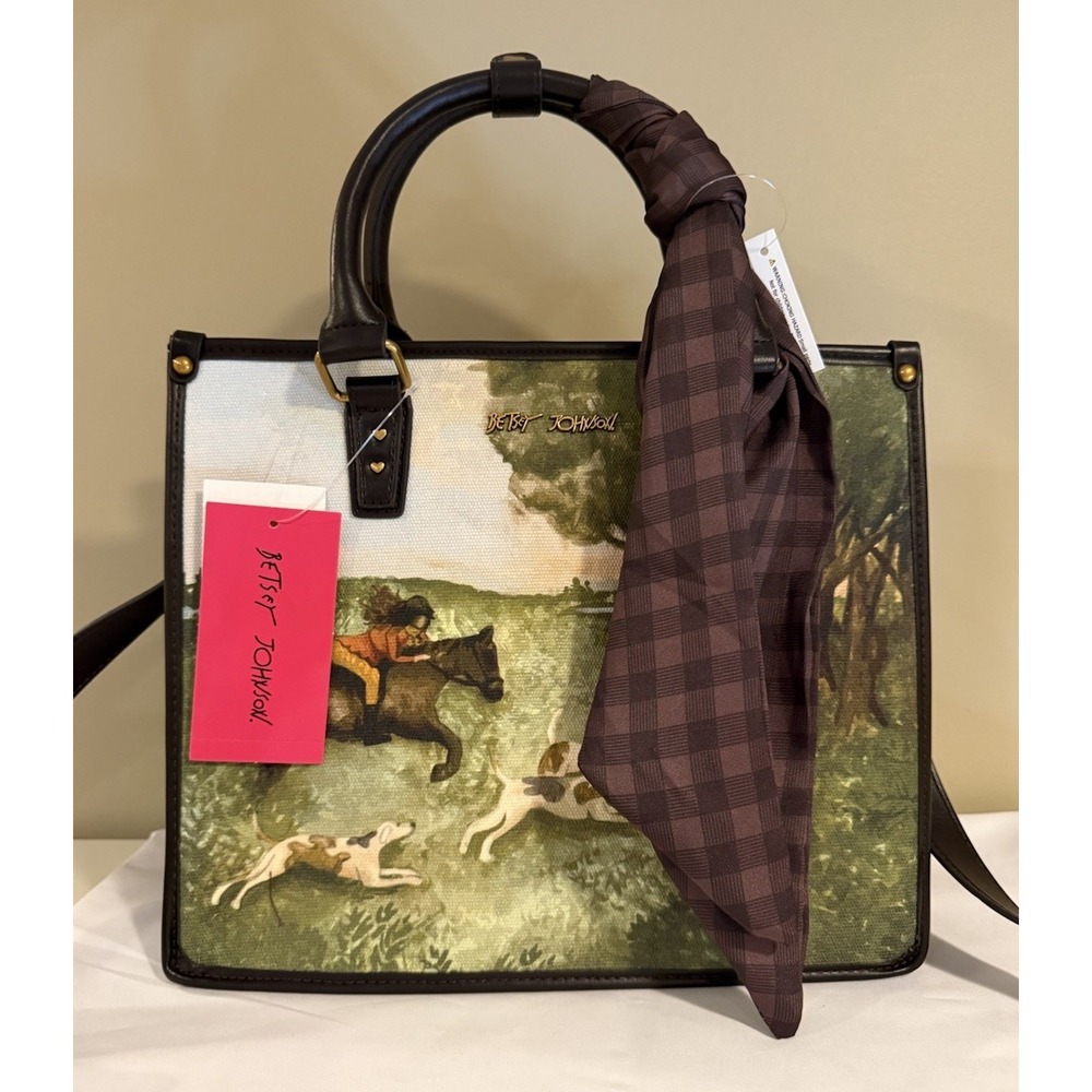 Betsey Johnson Equestrian Horse Hounds Scarf Satchel Crossbody Bag Brown Green